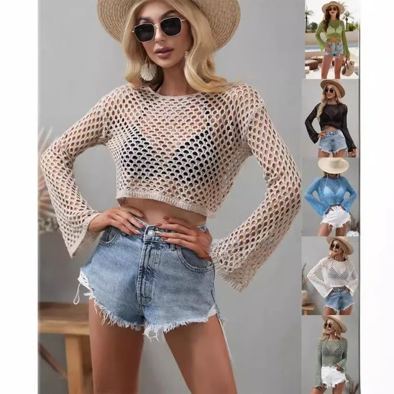 

New European American spring summer knitted sweater with flared sleeves loose foreign trade round neck cutout sweater for women