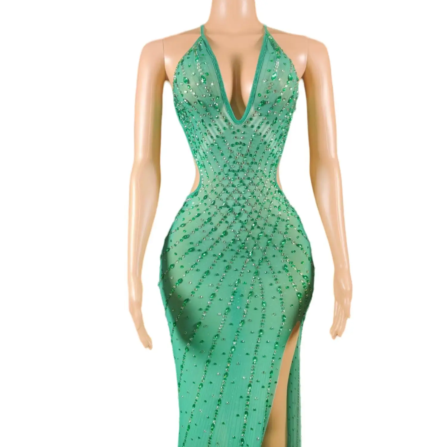 Sparkly Green Crystals Transparent Backless Dresses Sexy Women Evening Birthday Celebrate Outfit Performance Dresses Babagan