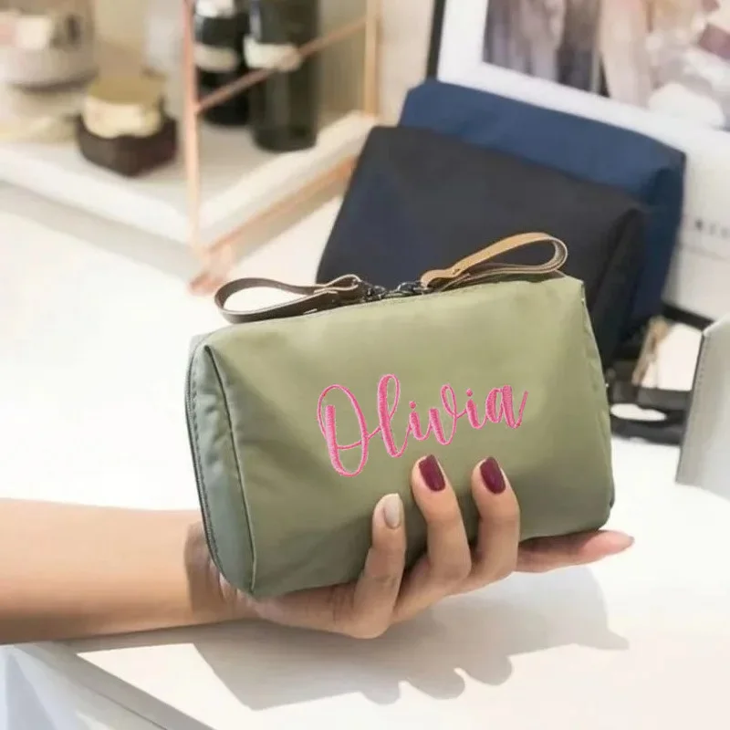 Custom Name Waterproof Nylon Portable Double Zipper Storage Bag Embroidery  Women Makeup Bag Perfect Gift for Wedding Daily Use