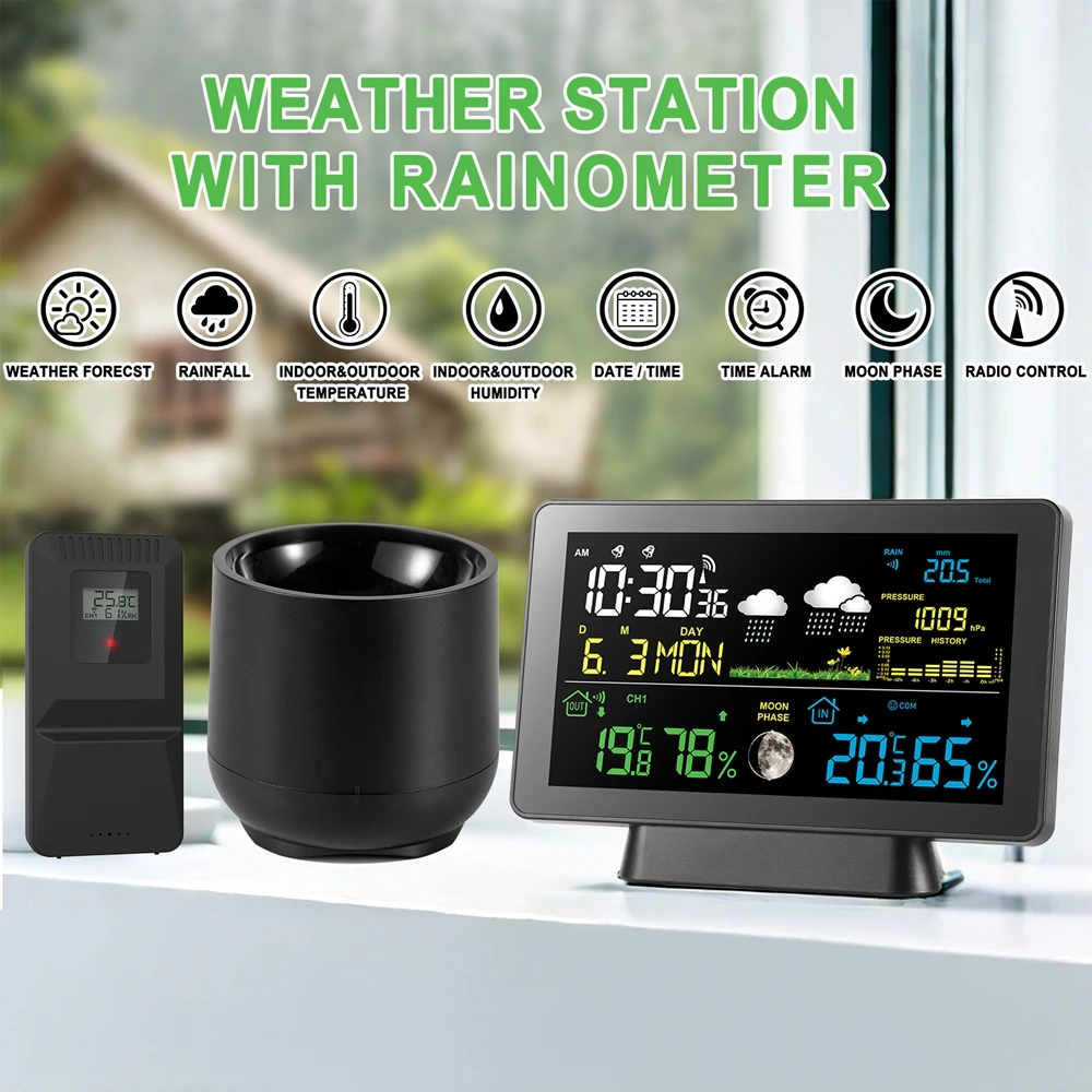 Беспроводная метеостанция, датчик дождя, термометр, DCF, радиосигнал, время, дата, будильник, давление воздуха, фаза Луны, прогноз погоды