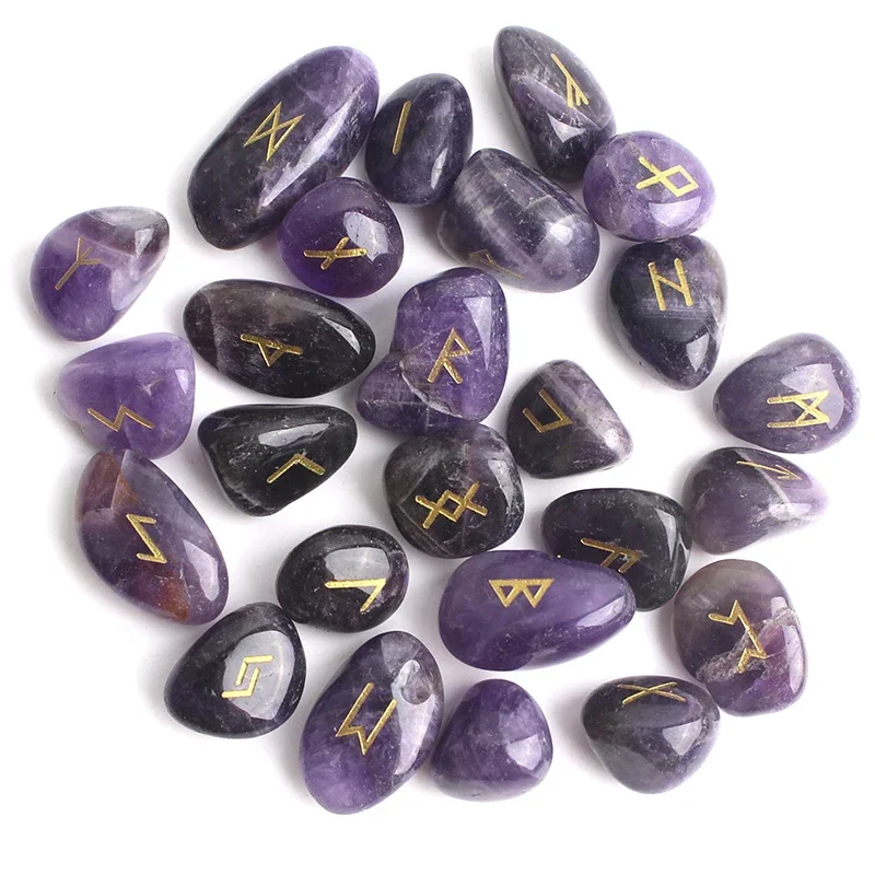 25 PC Natural Crystal Rune Stone Set Nordic Rune Letter Amethyst Gem Irregular Agate Divination Healing Stone Lucky Decoration