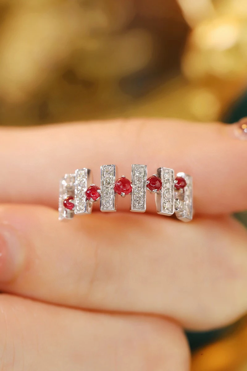 LUOWEND 100% 18K White Gold Rings Fashion Piano Keys Shape Real Natural Diamond Natural Ruby Ring for Women High Wedding Jewelry