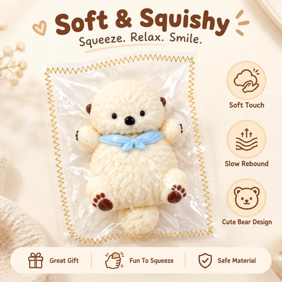 1. Food Grade Silicone Squeeze Toy Cute White Otter Shape Squishy Toy With Light Blue Bow Stress Relief Fidget Toy For Kids