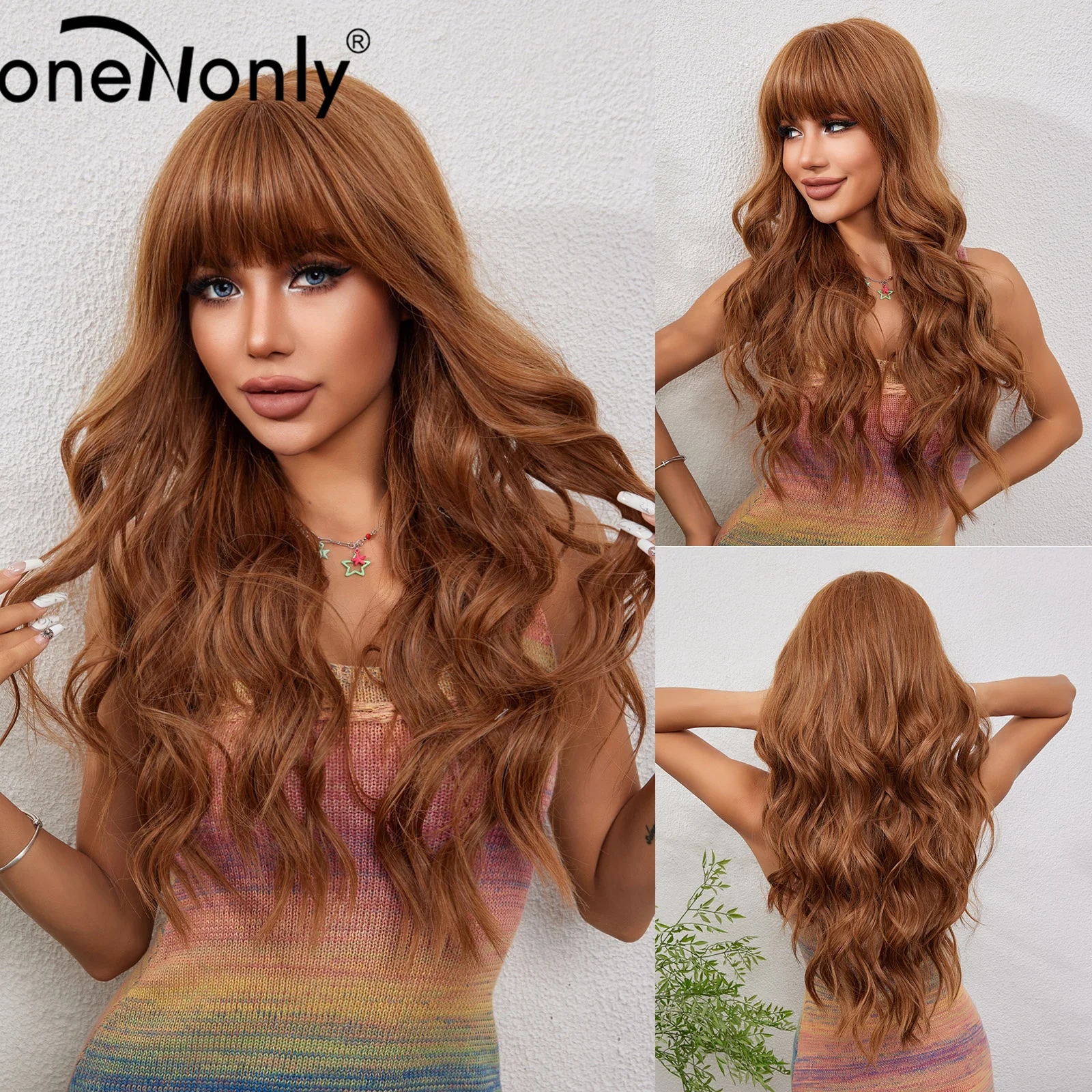 

OneNonly Long Brown Synthetic Wigs with Bangs Wavy Hair Wig for Women Daily Party Cosplay Use Heat Resistant Fiber