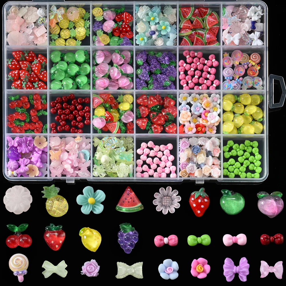 12/24Grids Mixed Fruit Bow Nail Charms Assorted Grapes Peach Cherry Pineapple Nail Art Decoration DIY Fruit Gems Manicure Parts
