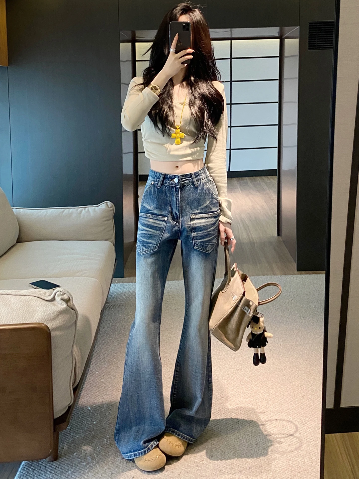 

Узкие джинсы с высокой талией в американском стиле ретро, женские весенне-осенние новые эластичные брюки-колокольчики длиной до пола, утягивающие копыта...