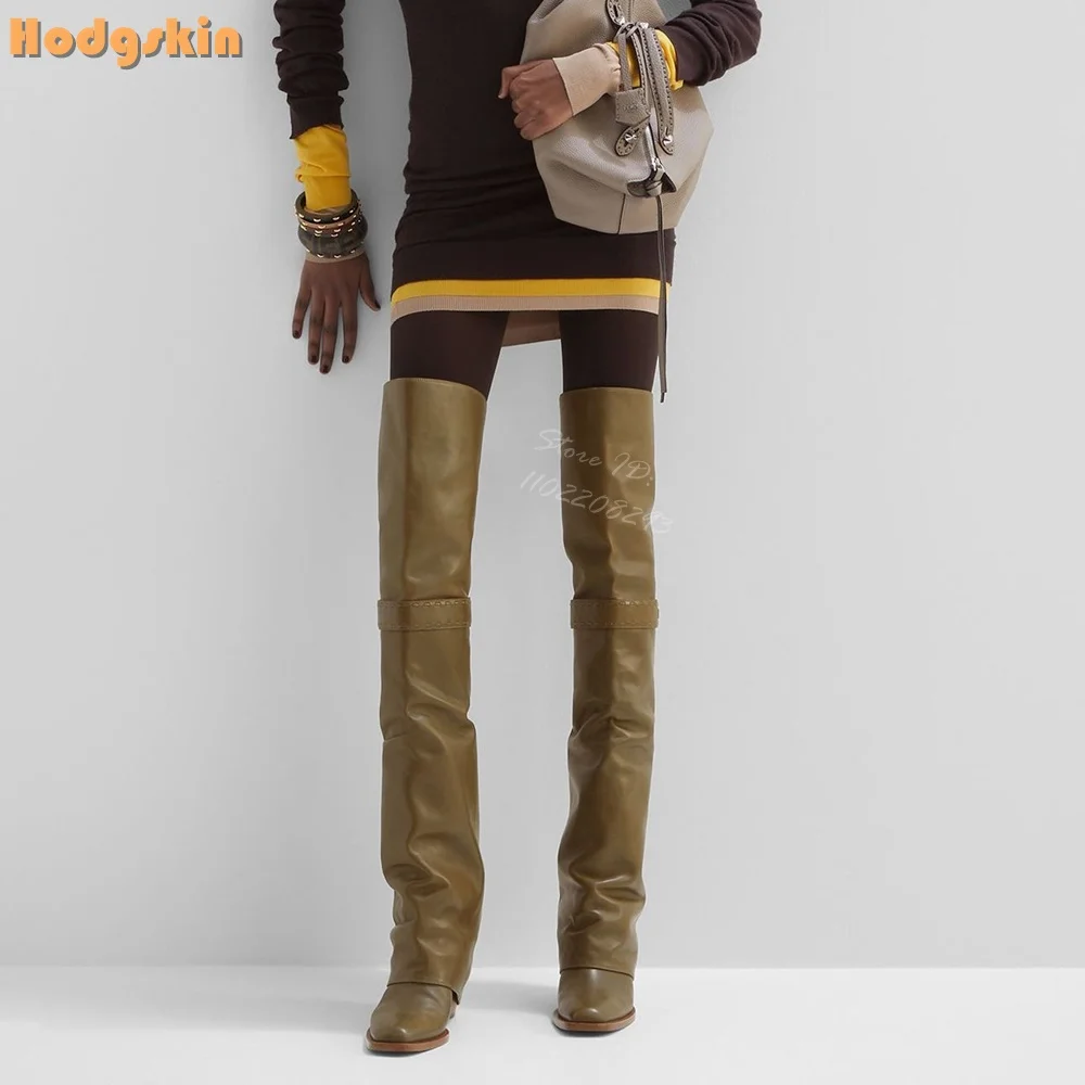 

Retro Square Toe Knight Boots Solid Sewing Leather Block Heels Over-the High Boots 2025 Autumn New Women Fashion Modern Shoes