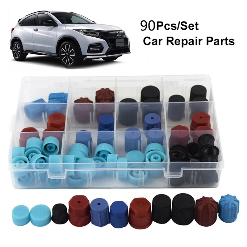 90Pcs Car Air Conditioner Repair Kit Car R134A R12 High And Low Pressure Side AC System Valve Core Dust Cap