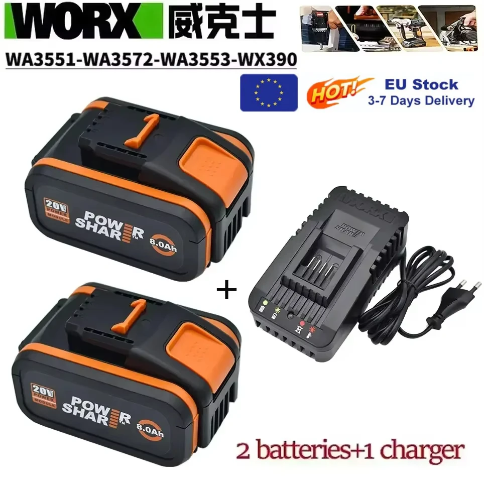 Worx Original 20 V 8,0 Ah Lithium-Akku wiederaufladbar WA3553 WA3551 WA3553.1 WA3570 für alle WORX-Elektro- und Gartengeräte