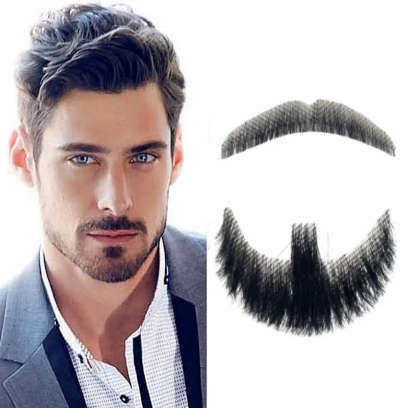 Human Hair False Mustaches Invisible Lace Base Fake Beard Black Fake Mustache Real Hair Realistic Moustache Fake Goatee for Men