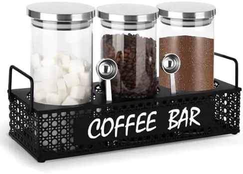 

Glass Coffee Storage Set - 3x 47oz Jars with Shelf & Spoon for Beans, Ground, Nuts - Coffee Station Organizer
