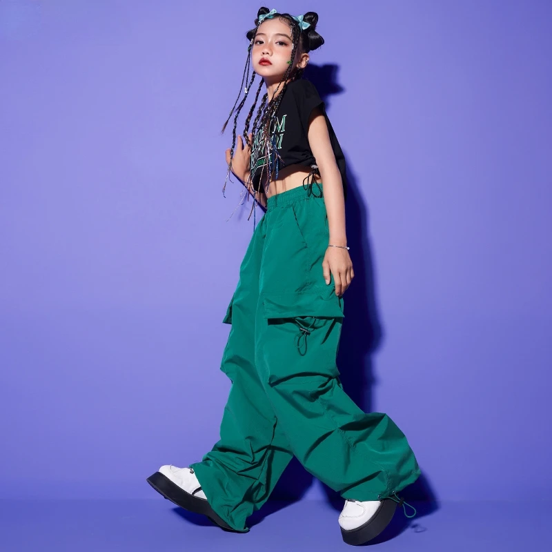 Jazz Dance Costume for Girls New Hip Hop Clothes Short Sleeves Shirts Loose Cargo Pants Kids Stage Performance Catwalk Costume