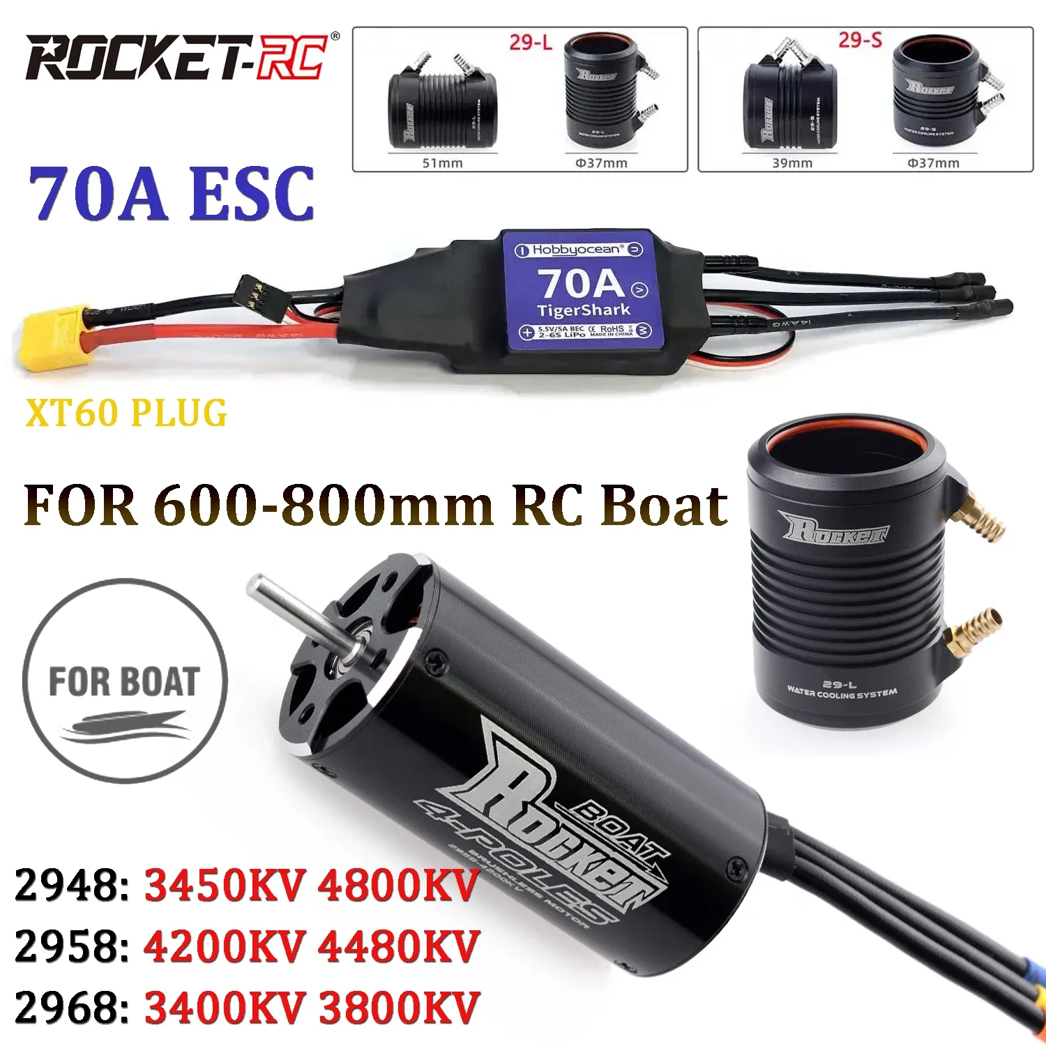 RoRuSRocket-RC 2948/2958/2968 Brushless Motor 70A ESC Water Cooling Jacket Combo For 600-800mm RC Boat Ship Model Upgrade Parts