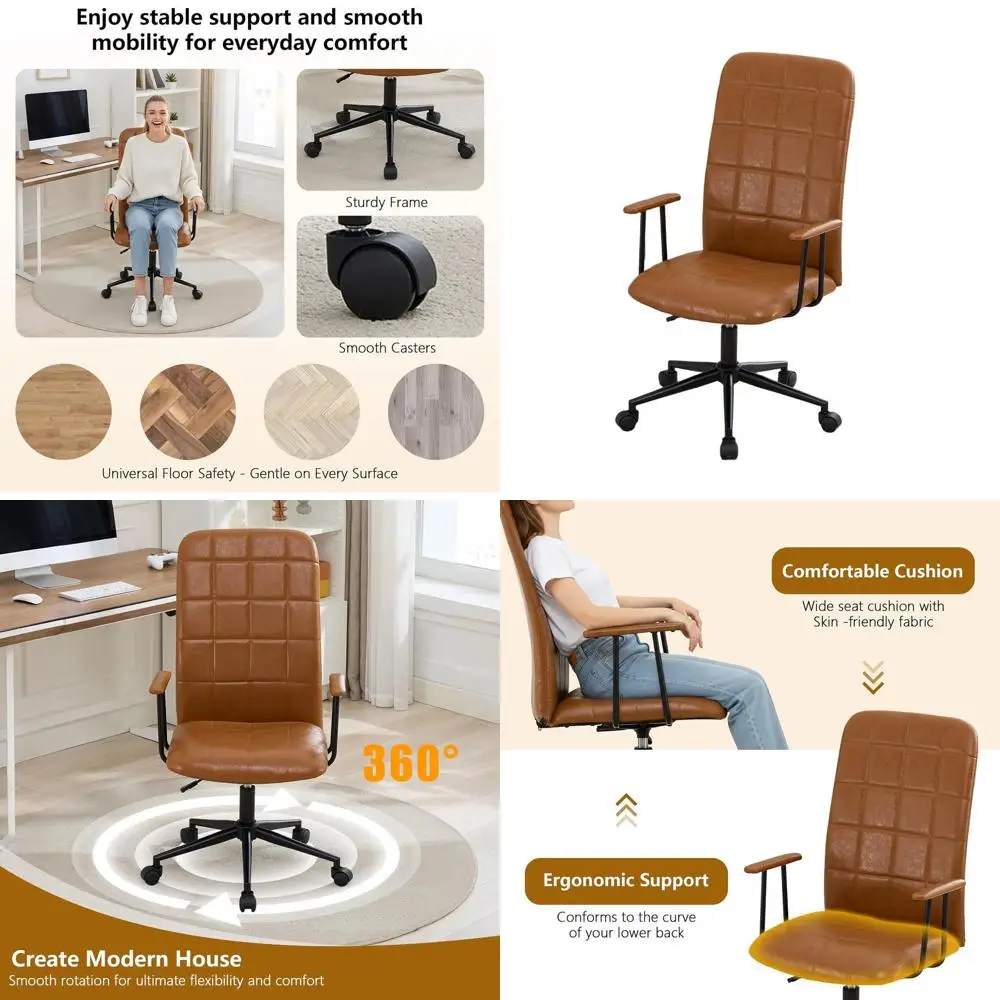 

Современное офисное кресло в стиле середины века с высокой спинкой, регулируемой высотой, колесиками и подлокотниками из полиуретана - коричневое