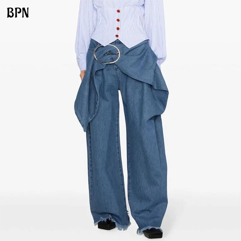 BPN Casual Loose Denim Pants For Women High Waist Patchwork Belts Minimalist Soild Wide Leg Jeans Female Fashion Clothing Style