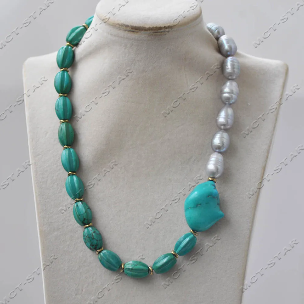 MCT·STAR 19'' 32mm Green Olive kernel Raw Ore Turquoise Gray Rice Pearl Necklace Custom Jewelry（ Z13996）