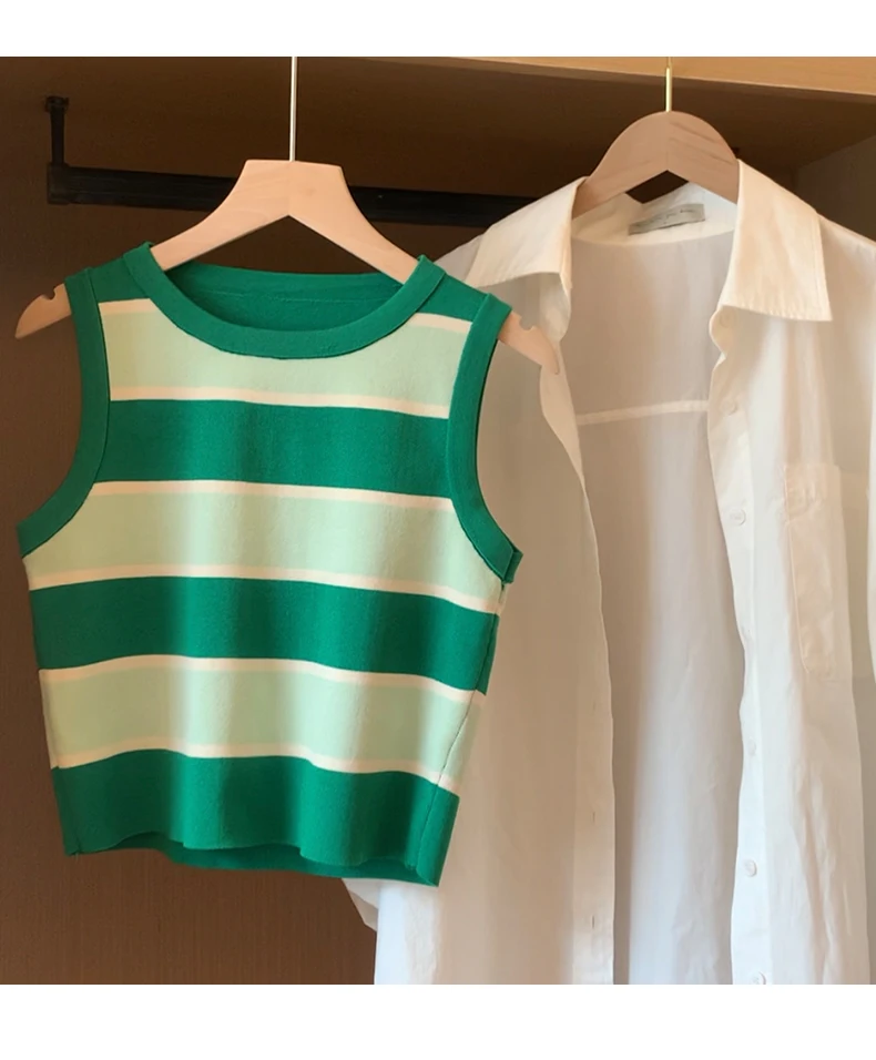 2026 Korean Style Versatile Striped Slim Tank Tops Women Summer Wearing Outside Fashion Sleeveless Top Women's Crop Tops