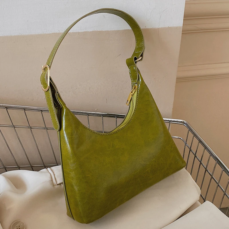 Vintage PU Leather Female Shoulder Bag 2024 Trend Green Underarm Bags for Women Minimalist Luxury Designer Small Handbag