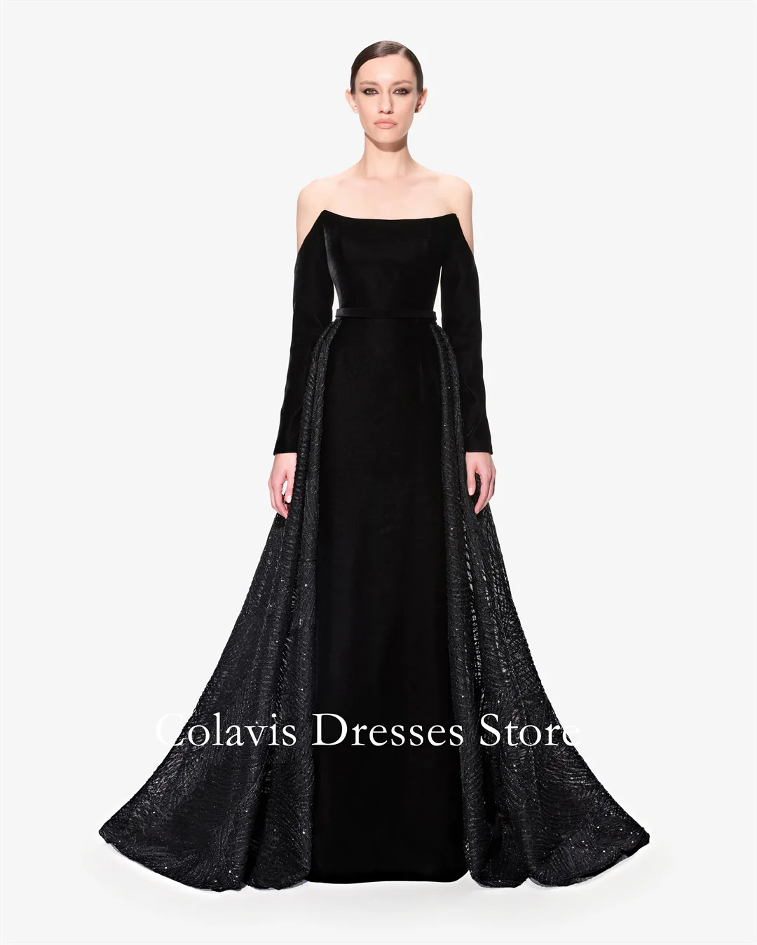 

Colavis Fashion Off-Shoulder Customized 2024 New Women's Maxi Prom Dress Long Sleeve Black Velvet Celebrity A-Line Party Dress