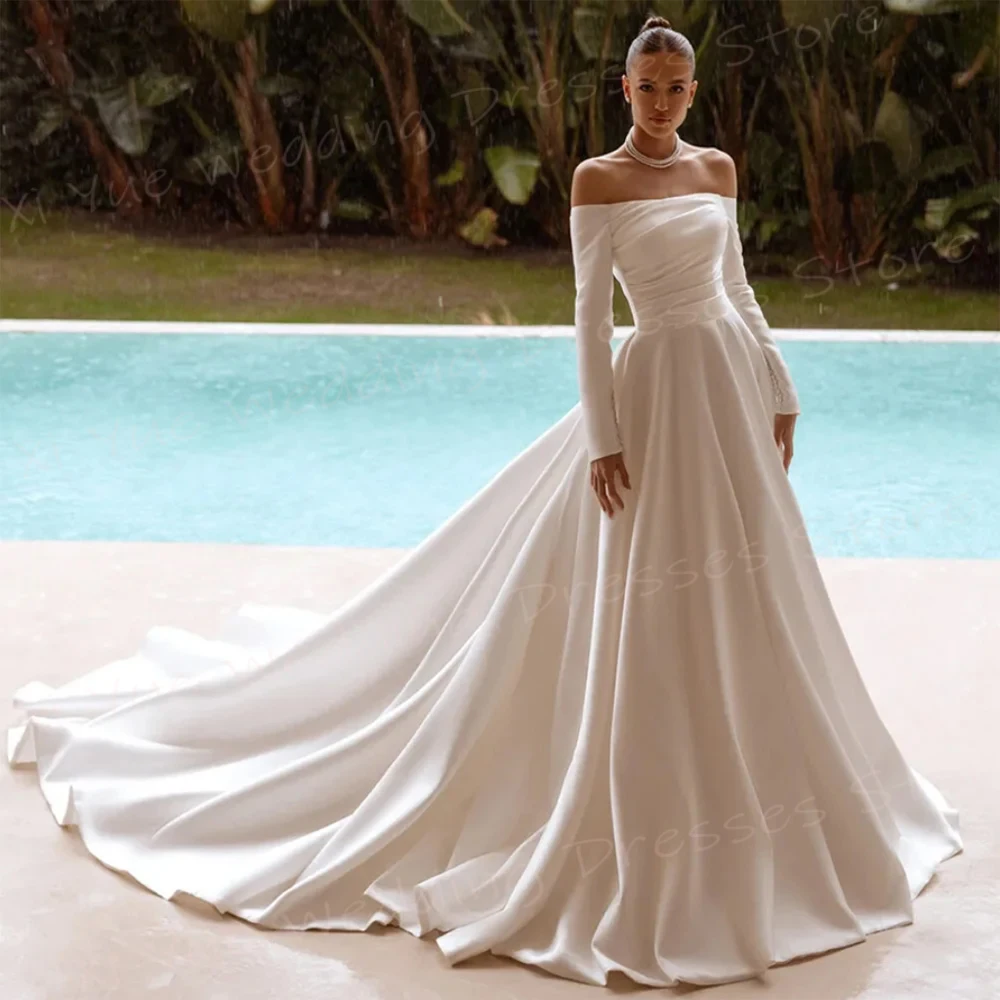 

Простые атласные свадебные платья трапециевидной формы для женщин, сексуальные платья невесты с открытыми плечами и вырезом лодочкой, с длинными рукавами и рюшами, Vestido De Novia