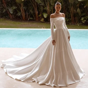 Einfache Satin A-linie Brautkleider Frauen Sexy Weg Von Der Schulter Braut Kleider Boot-ausschnitt Langarm Angepasst Vestido De Novia