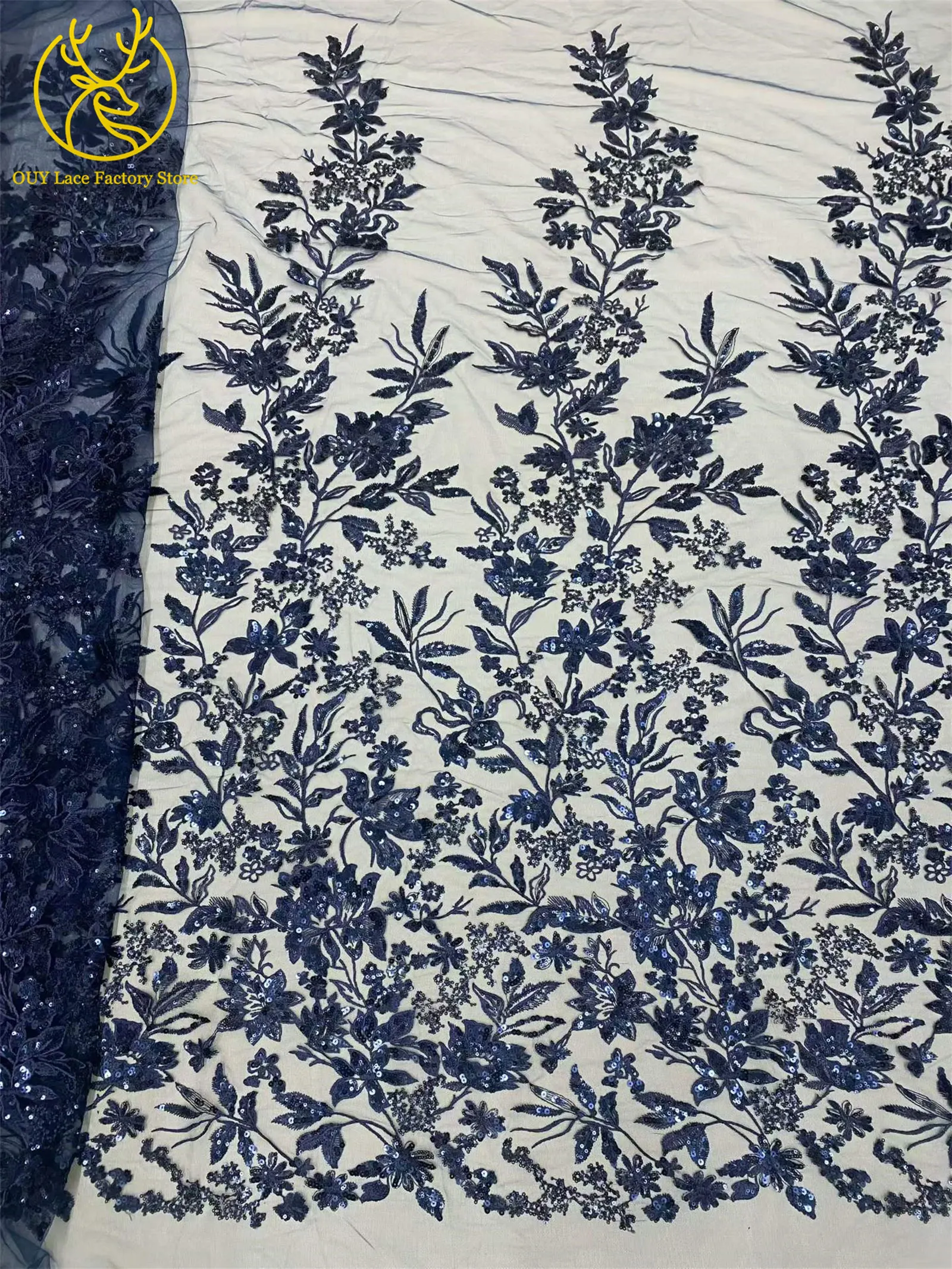 Goldener Luxus-Tüllstoff mit französischer Stickerei und Pailletten, afrikanischer Pailletten-Mesh-Tüllstoff zum Nähen von Hochzeits- und Abendkleidern – Detail 15
