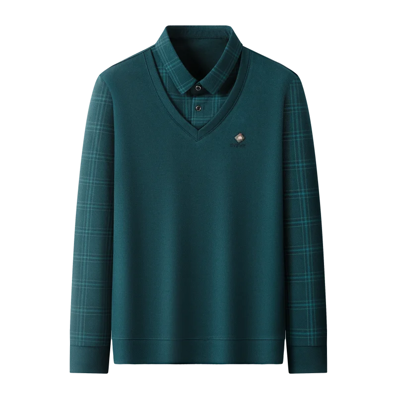 Luxury Brand Men's False Two-Piece Polo Shirt Autumn New Print Long Sleeved Lapel Solid Color T-shirt Business Casual Men's Wear