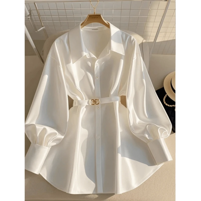 Bomon 2000's French style waistcoat light luxury high fashion white long sleeve shirt women's early autumn Korean lantern sleeve