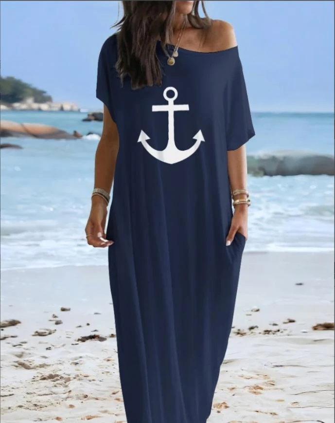 

Dress with anchor pattern cold shoulder short sleeved pocket design loose long skirt