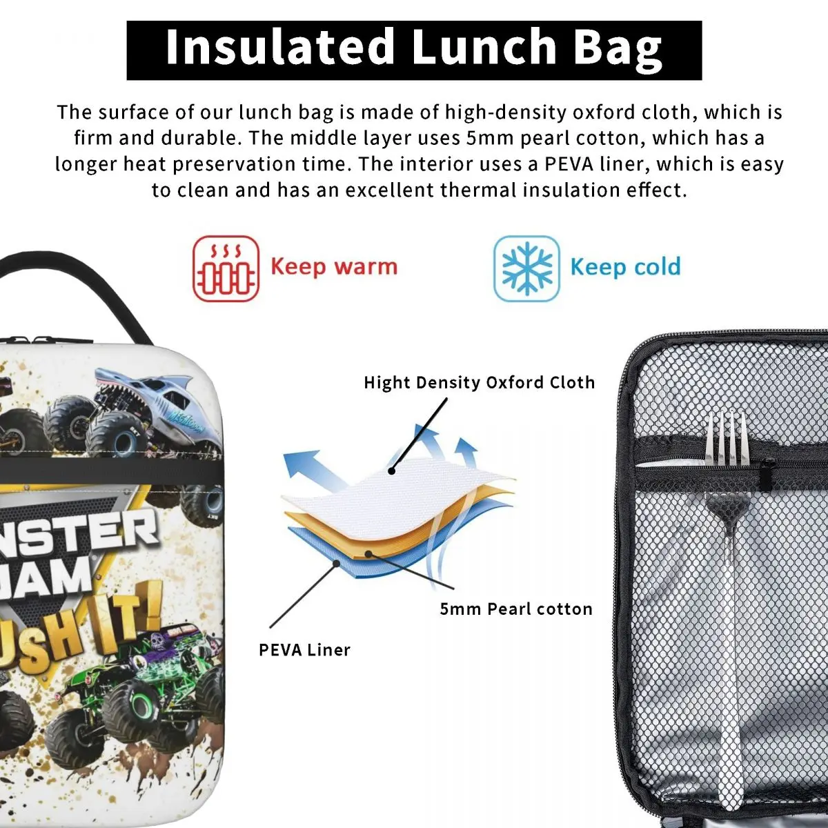 Monster Jam Trucks Insulated Lunch Bag High Capacity Lunch Container Cooler Bag Tote Lunch Box Work Travel Food Storage Bags