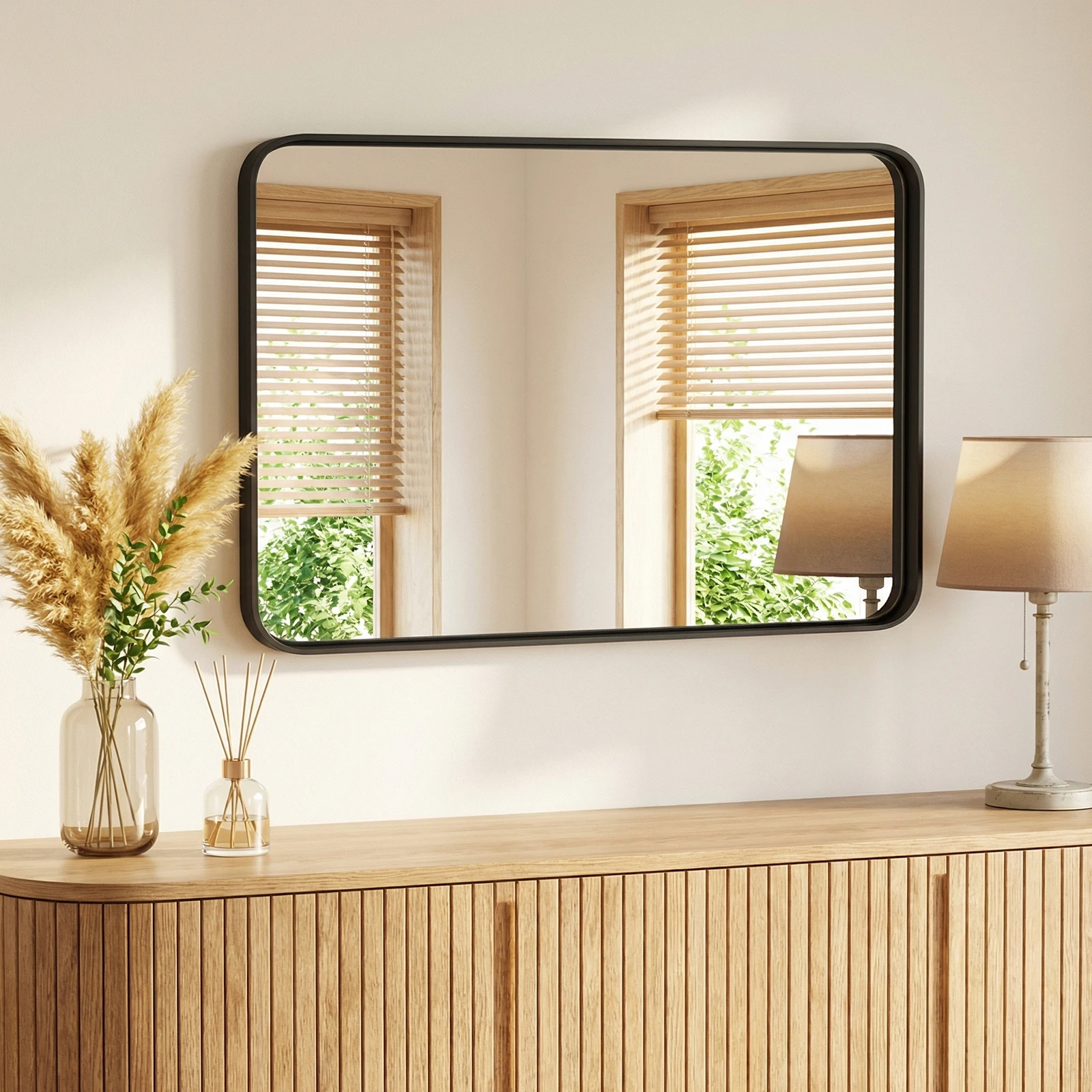 JHK 30x22 Inch Matte Metal Framed Bathroom Mirror for Wall  Rounded Rectangle with Matte Brush Metal Framed Modern Wall Mount Vanity Mirror for Home Living Room