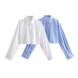 Women's Cropped Shirt Fashion Woman Blouse 2023 White Blue Striped Shirts and Blouses Autumn Long sleeve Short Top