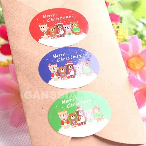 100pcs/lot Christmas Series seal stickers Kawaii bear gift adhesive sticker Packing label Party zakka supplies (SS-1499)