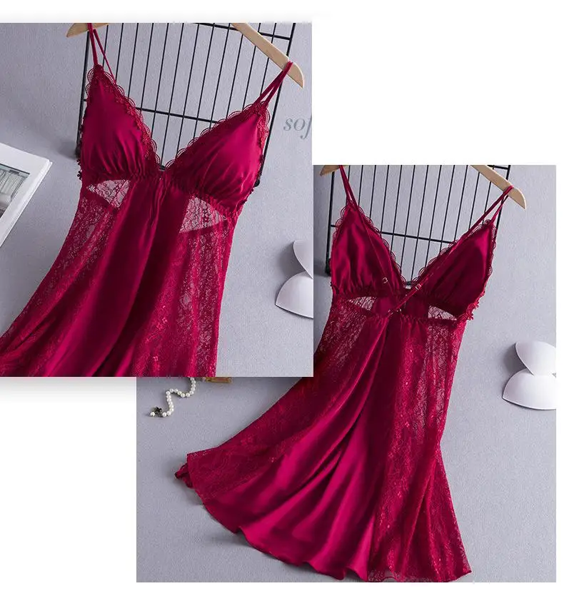 Sexy Satin Sleep Dress V-Neck Chemise Nightgown Womens Lace Hollow Out Sleepwear Nighty Gown Nightgown Casual Home Wear Outfits