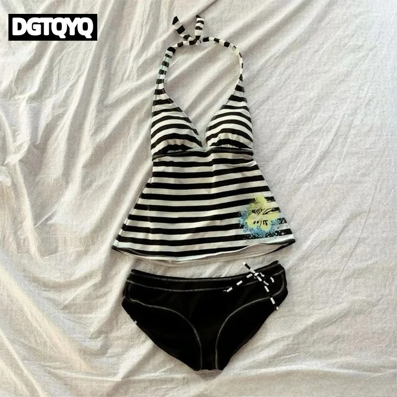 Women Summer Beach Bikini Set Sexy Slim Chic Striped Halter V Neck Swimsuit 2 Piece Vintage Casual Beachwear Split Bathing Suit
