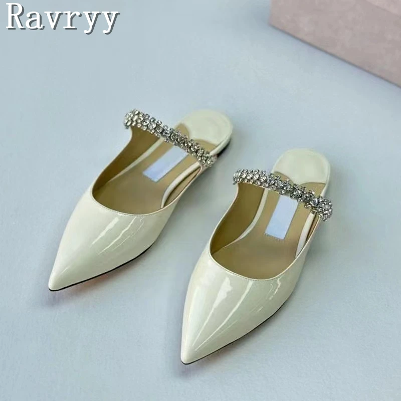 Luxury Pointed Toe Crystal Embellished Slippers Women Flat Bottomed Shallow Patent Leather Muller Summer New High Heel Sandals