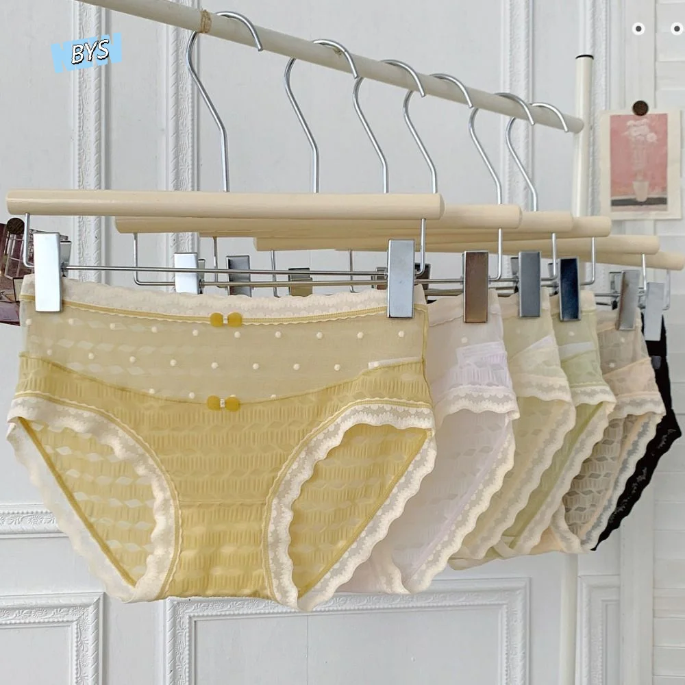 

Breathable Mid Waist Lace Seamless Panties Bow Transparent Mesh Briefs Cotton Crotch Lingerie Underwear for Women Female