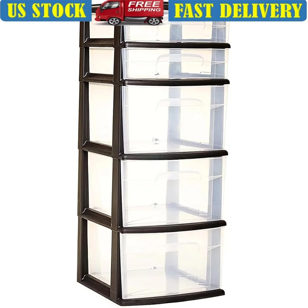 

5-Tier Clear Plastic Drawer Storage Tower Organizer Narrow Design Office Crafts Clothing and Supplies
