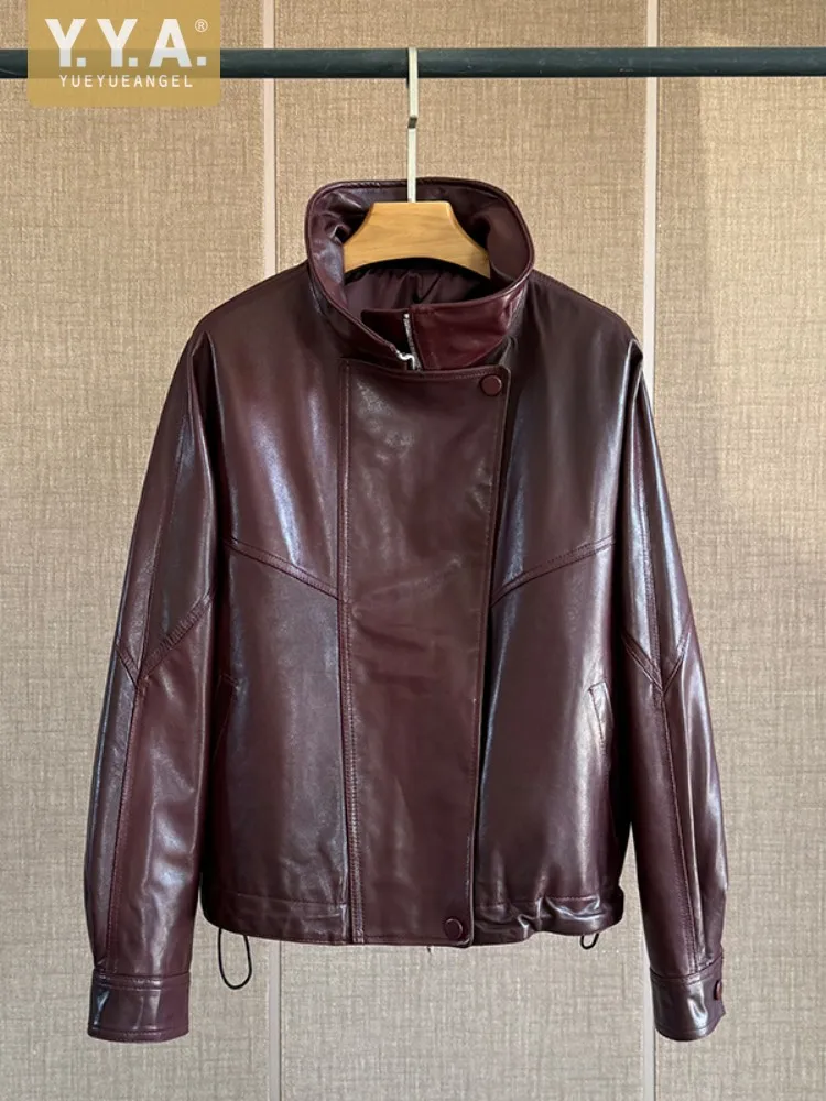 High Quality Women Fashion Short Genuine Leather Jacket Coat Stand Collar Real Sheepskin Loose Fit Retro Zipper Chic Outerwear