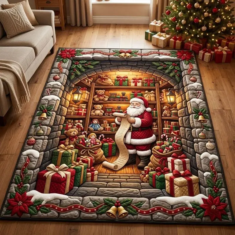 VIKAMA Santa Claus Fireplace Christmas Floor Mat Gift Toy Poinsettia Print Non Slip Rug For Living Room Xmas Party Home Dec