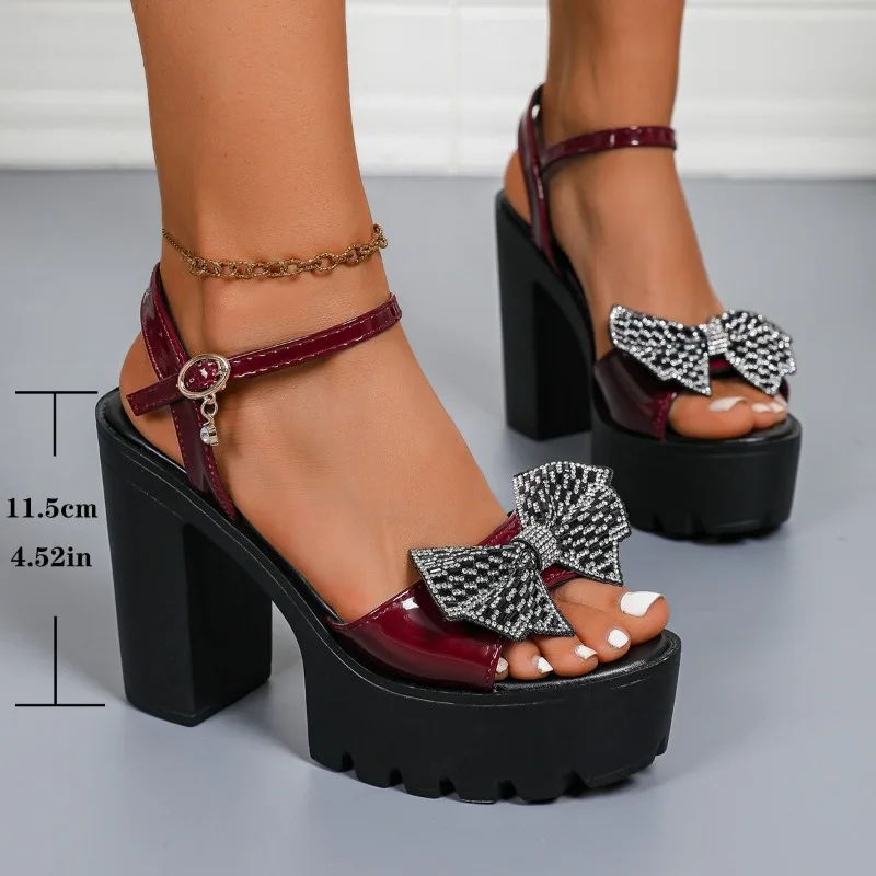 Women's Bow Knot Extreme High Heels Sandals Luxury Wine Red Thick Bottom Sandal Woman Summer Elegant Open Toe Party Sandal Mujer