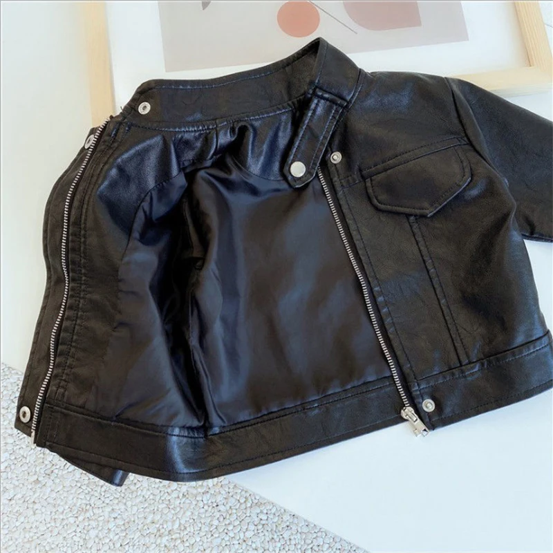 2024 Spring Autumn Children Turtleneck Leather Coats Korean Version Baby Boys Girls Casual Motorcycle Leather Jacket Outwear