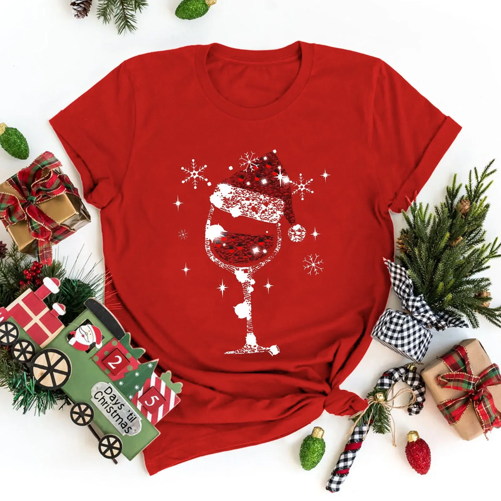 Christmas Women\'s Casual T-Shirs 2024 Summer Red Hat Wine Glass Graphic Tees XMAS Funny Print Tops Short Sleeve O-Neck Clothes