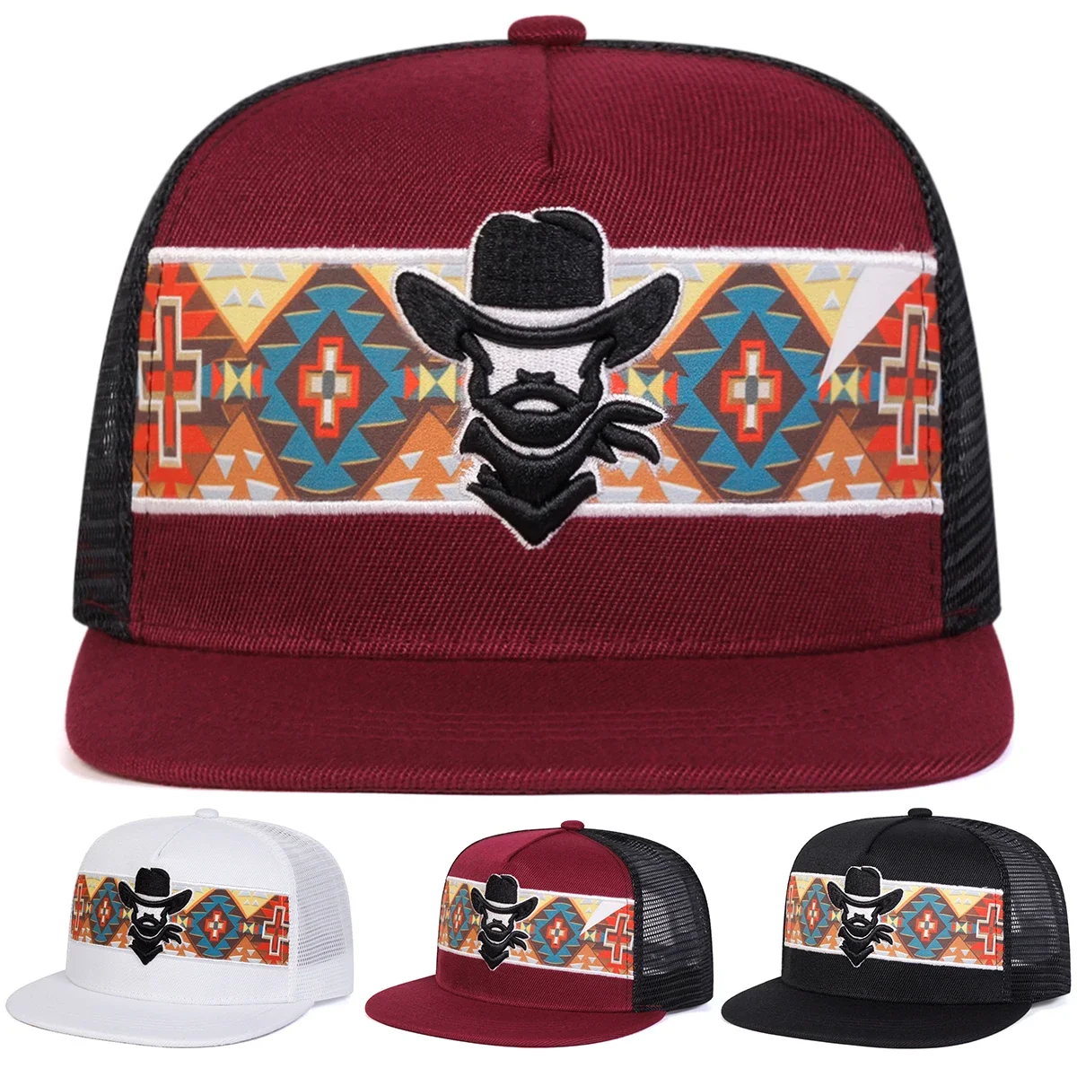 Unisex Western Cowboy Stickerei Hip-Hop Netzhüte Frühling Sommer Outdoor Verstellbare Freizeit-Baseballkappen Sonnenschutzhut Sportkappe