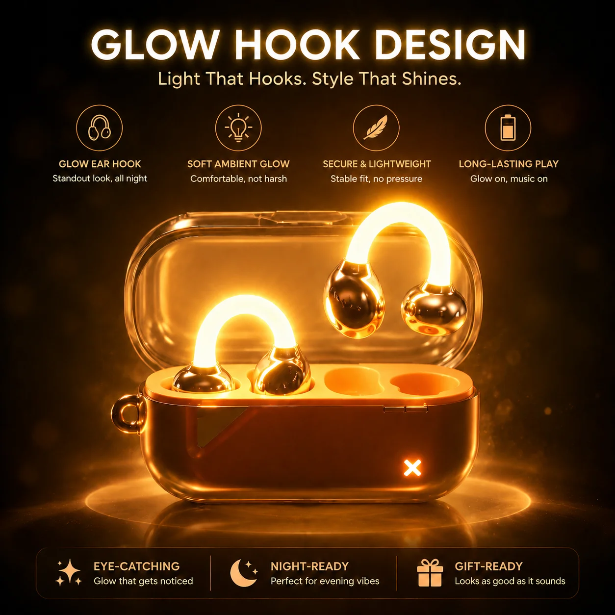 Dmooster D22 Wireless Bluetooth Clip-on Open Ear Glow Headphones, HiFi Stereo Sports Earbuds, Comfortable Ear Hook Earphones