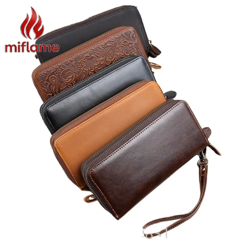 

Men's Retro Long Wallet Genuine Leather Double Zipper Large Capacity Handheld Phone Wallet with Coin Pocket