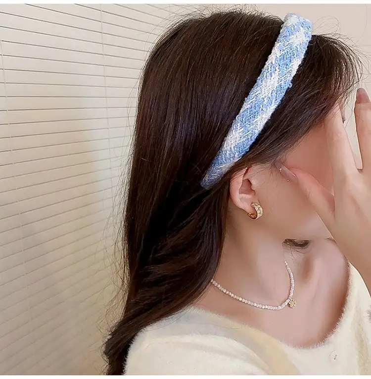 Milk White Gentle Blue Woolen Winter Hair Accessories Girl Headband Boutique Handmade Woven Denim Blue Stripe Women\'s Hair Bands