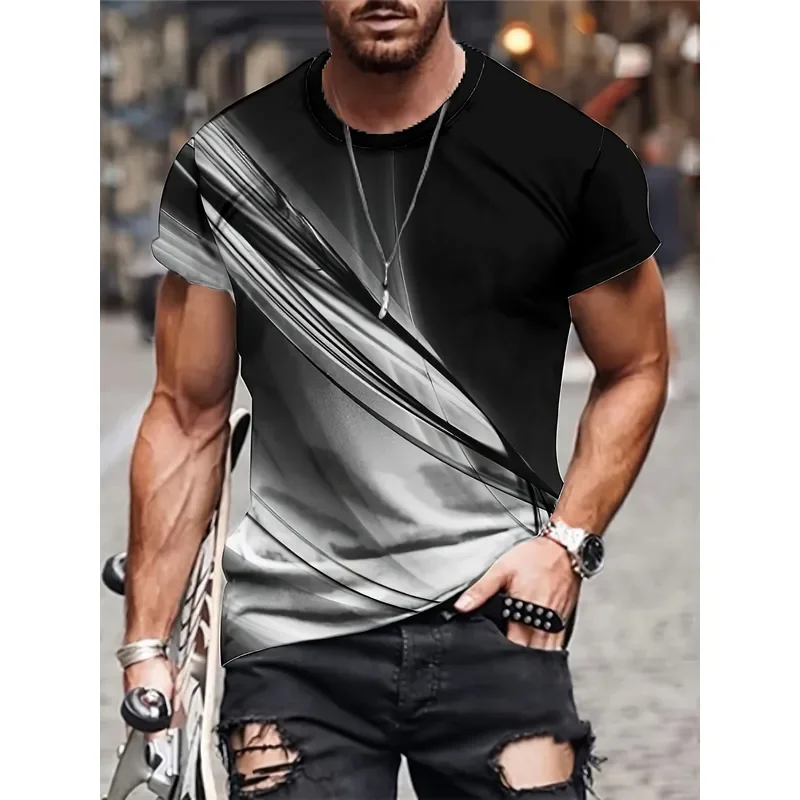 Men Diagonal Gradient Color Block T‑Shirt Contrast Splice Crew Neck Short Sleeve Tops