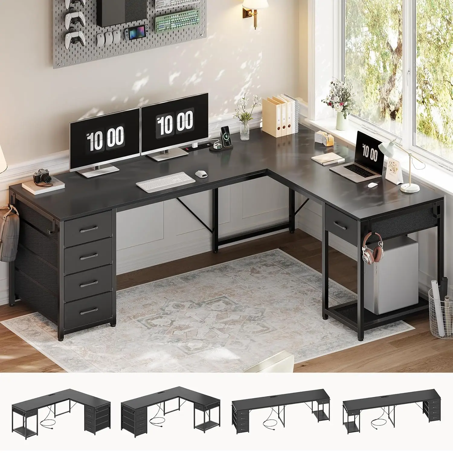 

L Shaped Desk 57in Reversible Corner Workstation 5 Drawers Power Strip 78.7in 2 Person Home Office Black, Customized
