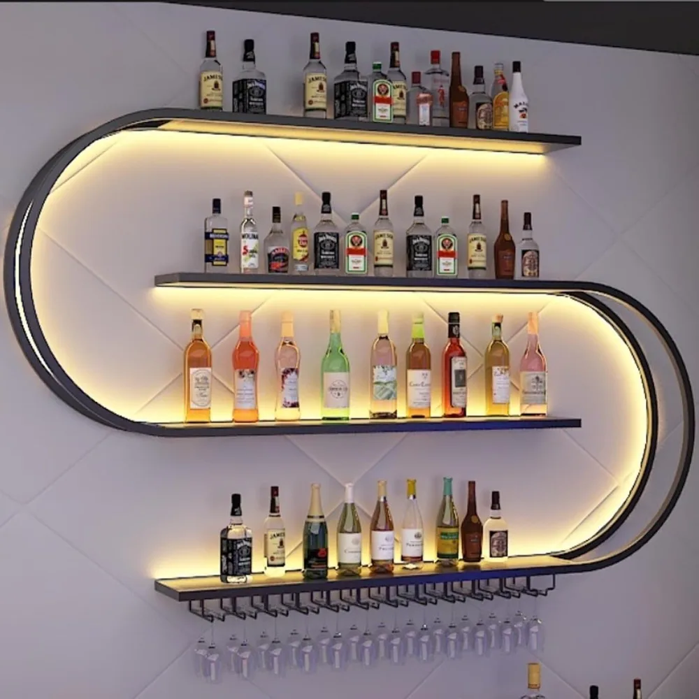رف نبيذ متعدد الطبقات مثبت على الحائط نصف دائري مع خطافات زجاجية للمطبخ والبار